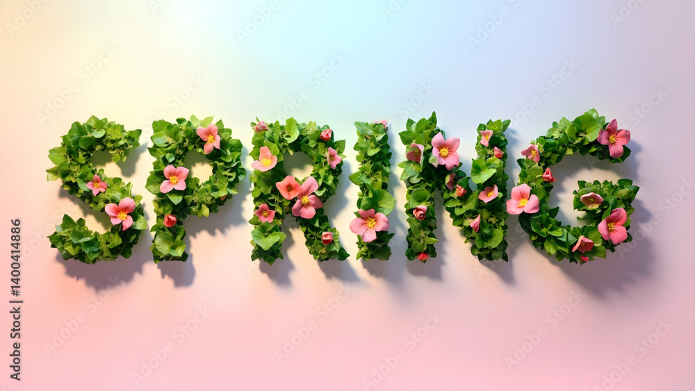 Fototapeta premium The word “SPRING” crafted in bold 3D letters, entirely made from blooming flowers and green leaves, set against a soft pastel gradient background
