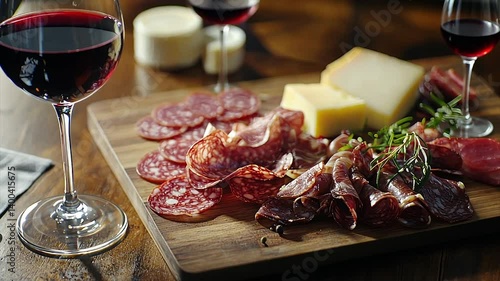 Gourmet charcuterie board with cured meats, cheeses, and red wine