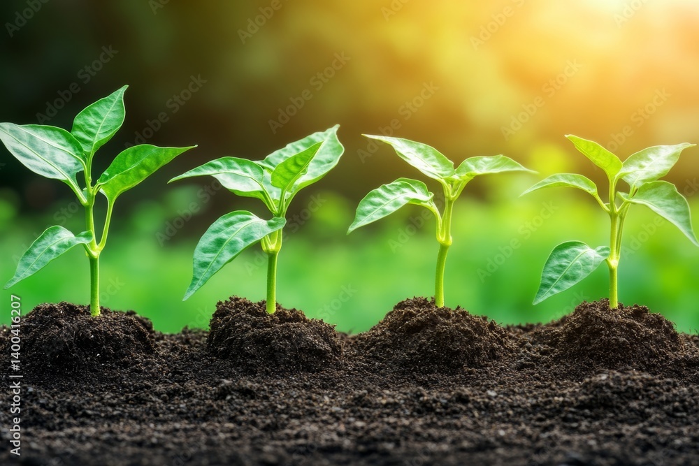 Fototapeta premium In a picturesque rural setting, rows of young green seedlings soak up the warm afternoon sun, highlighting the dedication to sustainable agriculture and organic farming