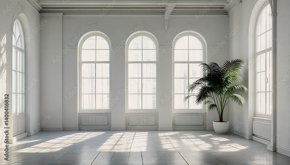 a sunlit, minimalist interior features arched windows and a potted palm casting shadows across a light-colored wooden floor. a sunlit, minimalist interior features arched windows and a potted palm casting shadows across a light-colored wooden floor.
