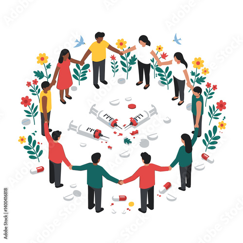 Circle of Support: A visual depiction of a support network encircling discarded syringes and pills, illustrating solidarity and communal efforts in addressing substance abuse