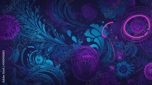 Neon cyberpunk batik pattern, futuristic elements blended with traditional Indonesian motifs, electric blue and purple hues