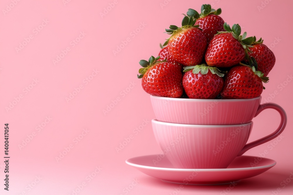 A collection of vivid red strawberries, some resting among green leaves, is featured in a minimalist white bowl. The soft pink background enhances the visual appeal, creating a fresh atmosphere A collection of vivid red strawberries, some resting among green leaves, is featured in a minimalist white bowl. The soft pink background enhances the visual appeal, creating a fresh atmosphere