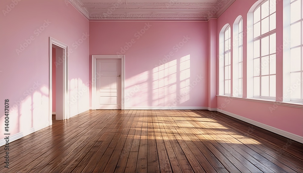 Obraz premium a sunlit, empty room features pale pink walls, tall arched windows, and gleaming hardwood floors creating a serene and spacious interior.