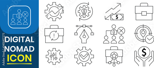Digital nomad icon set. Freelancer, influencer, traveler, remote work, technology, people, internet more. Vector illustration.