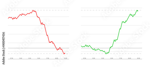 Falling and rising stock market chart isolated on white. Red sharp dropping and green sharp rising up line on realistic hourly grid. Vector clipart for economic, financial and other statistical news.