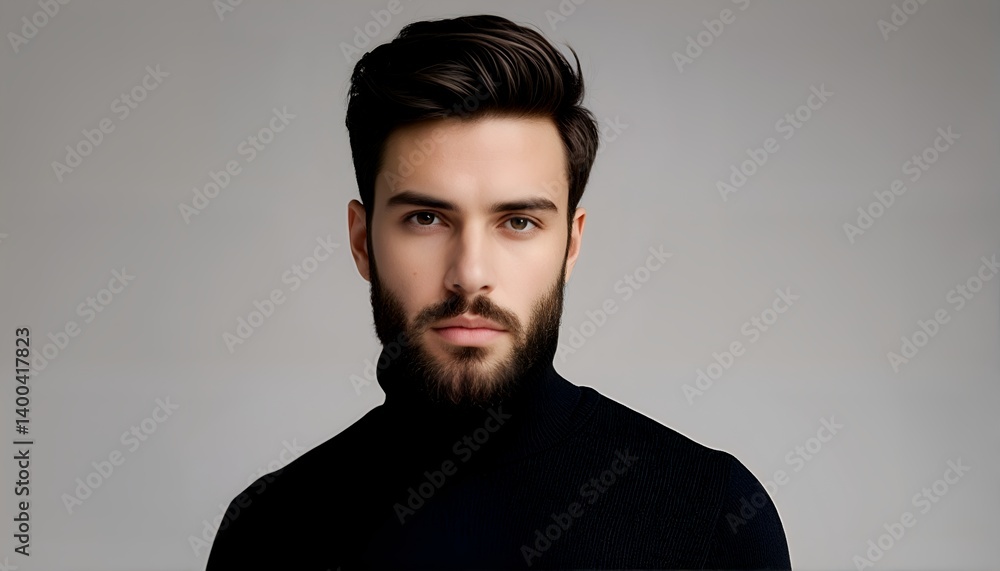 Obraz premium a striking portrait of a handsome man with a neatly groomed beard and styled hair, wearing a black turtleneck against a neutral gray background.