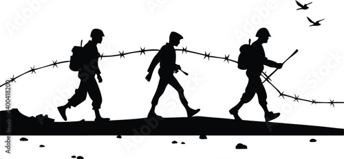 Military Soldiers Silhouette Walking Through Barbed Wire with Birds on White Background