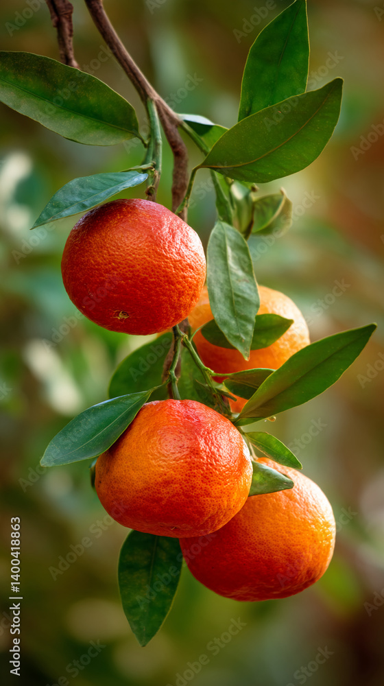 Close-up of ripe oranges on branch with green leaves, showcasing vibrant color and natural texture, symbolizing freshness, abundance, and healthy eating Close-up of ripe oranges on branch with green leaves, showcasing vibrant color and natural texture, symbolizing freshness, abundance, and healthy eating