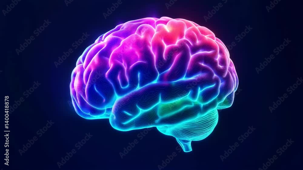 Vibrant Human Brain - Neural Network Activity - A stylized 3D video of a human brain, glowing with vibrant rainbow colors, set against a dark blue background. Light streaks emanate from the brain Vibrant Human Brain - Neural Network Activity - A stylized 3D video of a human brain, glowing with vibrant rainbow colors, set against a dark blue background. Light streaks emanate from the brain