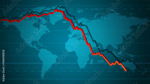 World crisis banner with dropping red chart and world map on dark blue background. Falling of economy, financial and stock market, demography, downfall trend. Vector horizontal HD template.