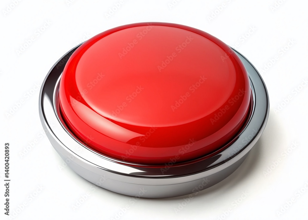 Macro Red Push Button 3D Render, Isolated White Background, Copy Space for Design Macro Red Push Button 3D Render, Isolated White Background, Copy Space for Design