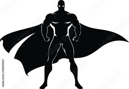 Muscular Superhero Silhouette Wearing Cape Isolated On White Background