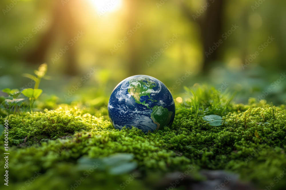Small earth in mossy forest, isolated in vibrant green surroundings. Small earth in mossy forest, isolated in vibrant green surroundings.