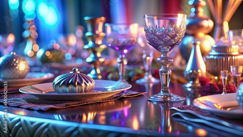 Macro Photography of Elegant Table Setting Details: Linen Texture, Silverware, Crystal Glass
