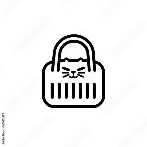 Cat carrier icon with vented design and kitty face in black outline style for pet transportation and animal gear