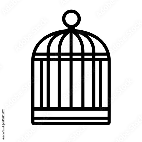 Rounded bird cage icon with dome top and base in black line art style for animal shelter and decorative elements