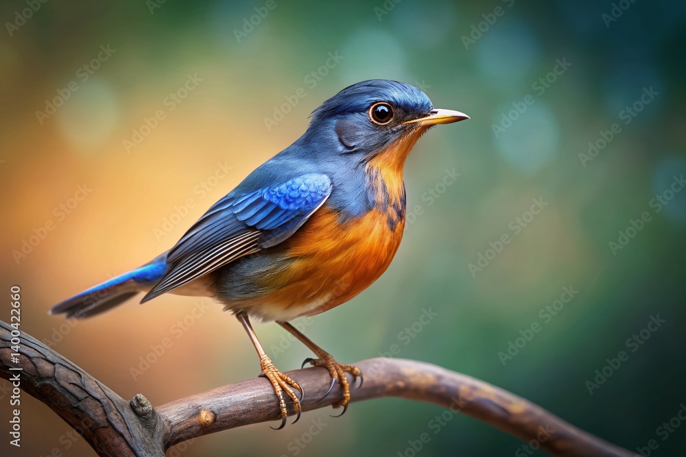 Fototapeta premium Macro Photography: Tickell's Thrush Perched on a Branch - Detailed Bird Portrait