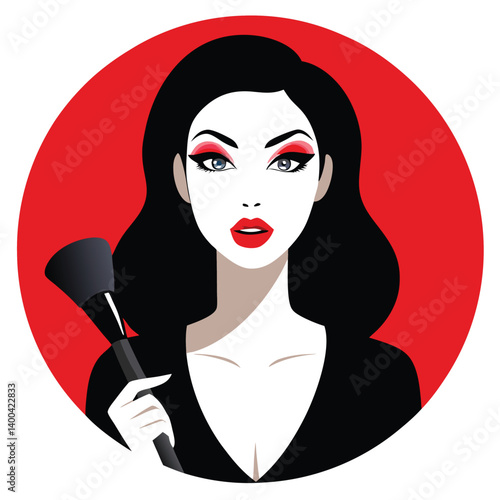 Portrait of Stylish Woman with Black Hair and Makeup Brush on Red Background