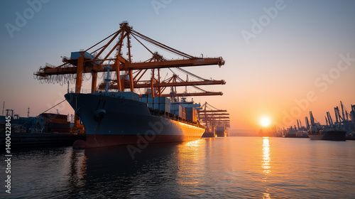 Shipyard at Sunrise with Cargo Ship and Crane Operations
