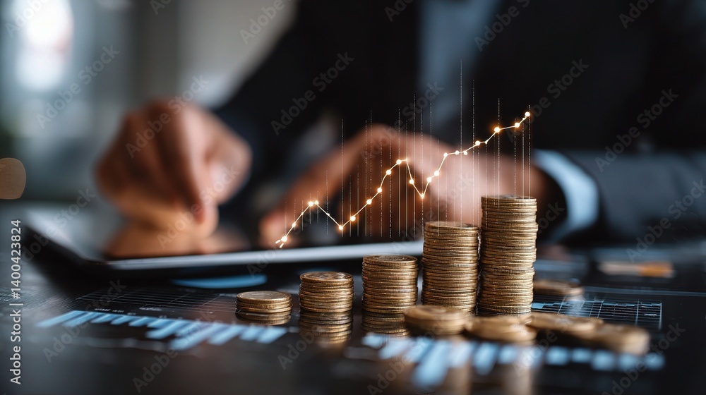 Young Businessman Reading Financial Insights on Tablet Young Businessman Reading Financial Insights on Tablet