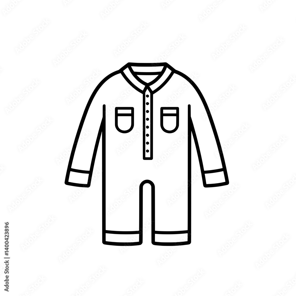Children’s romper icon with button and pocket details in black and white outline style for kids clothing design Children’s romper icon with button and pocket details in black and white outline style for kids clothing design