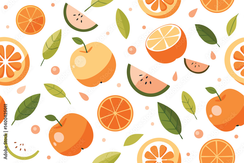 Seamless Pattern with Orange Apple Watermelon Slice Leaf on White Background Seamless Pattern with Orange Apple Watermelon Slice Leaf on White Background