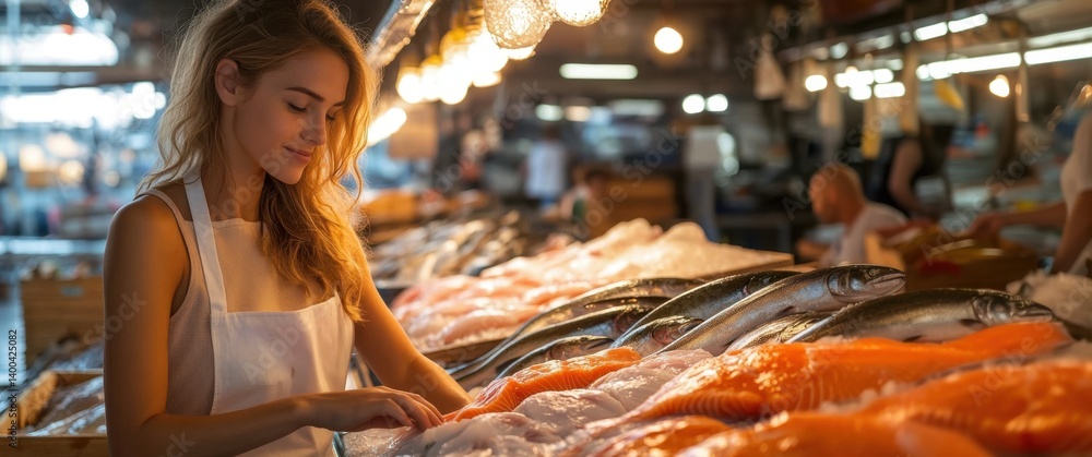 Smiling female vendor arranging premium fish fillets under warm market lights in cozy seafood stall. Local food market