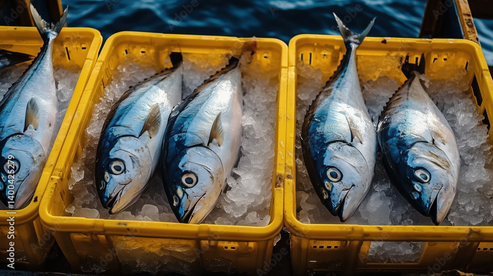 Close-up view of freshly caught tuna fish neatly arranged in three yellow plastic crates filled with crushed ice. Local seafood market