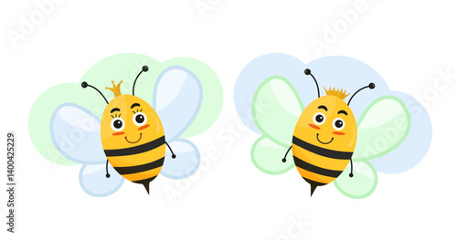 Cute Bee couple cartoon style isolated on white background. Vector illustration.