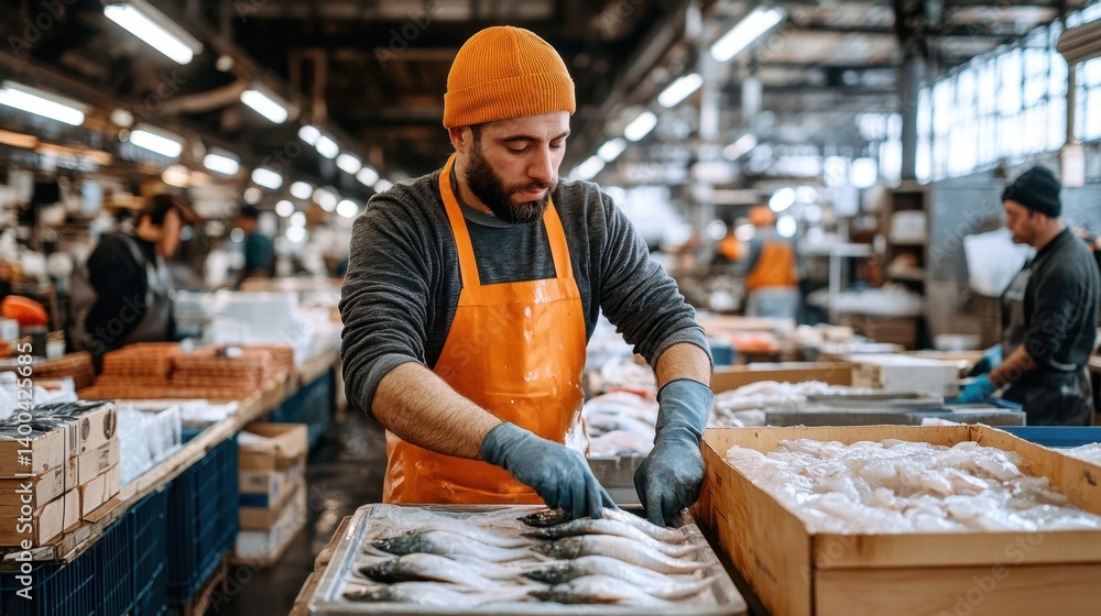 Bearded man, worker in orange apron carefully arranging fish on tray in busy indoor seafood market warehouse.