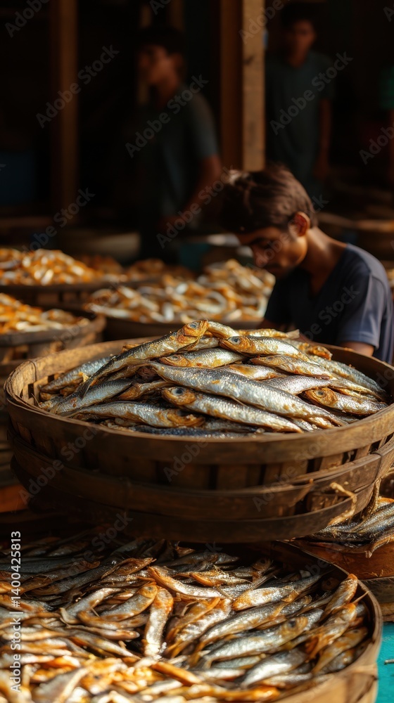 Large wooden basket filled with dried fish surrounded by busy workers preparing seafood. Local seafood market.