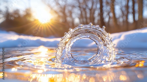 Winter sunrise water splash in a frozen landscape