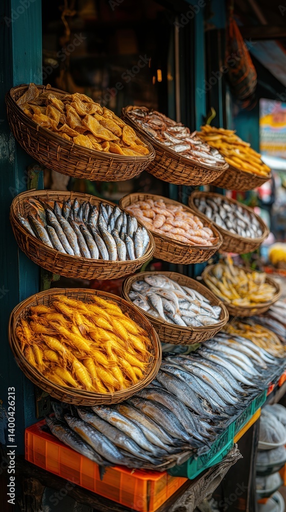 Several woven baskets filled with dried fish, arranged in rows on a market stall. Local seafood market