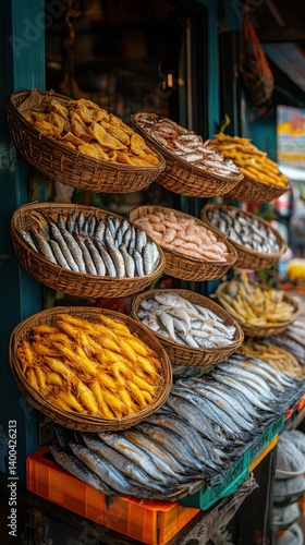 Obraz na płótnie Several woven baskets filled with dried fish, arranged in rows on a market stall. Local seafood market w salonie
