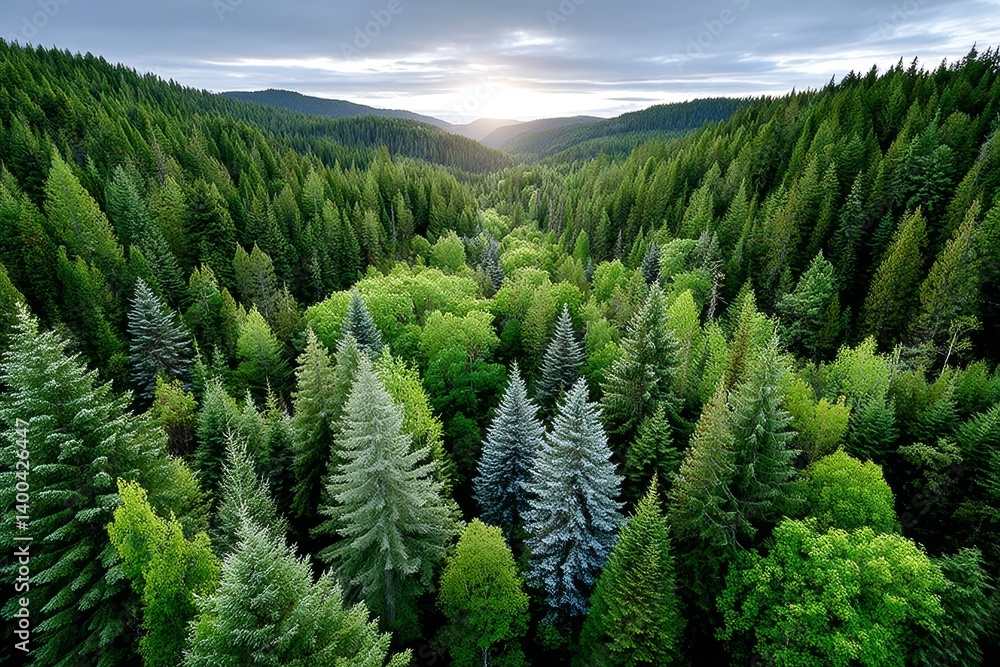 A panoramic view of a coniferous forest at sunrise A panoramic view of a coniferous forest at sunrise