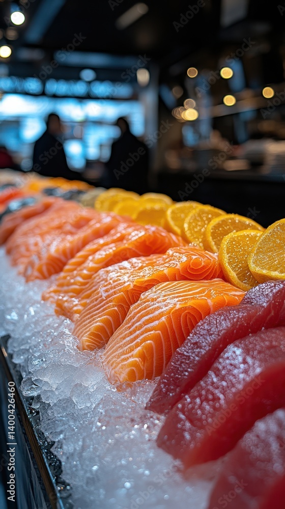 Fresh fish displayed in perfect symmetry with vibrant orange slices. Seafood delicacies on icy counter at local fish market.