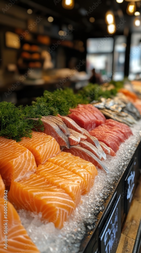 Seafood selection featuring thick salmon fillets, tuna cuts and herbs arranged neatly on icy display at lively fish market.