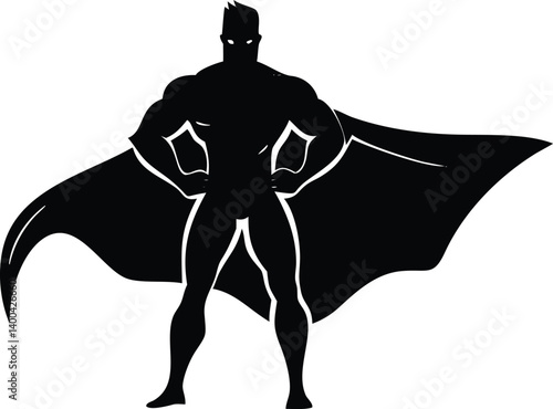 Silhouette Hero Standing with Cape Hands on Hips, Transparent Background