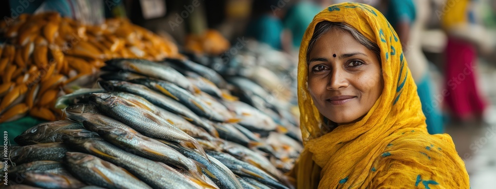 Local Indian woman in yellow sari smiling beside fish display at crowded traditional fish market filled with golden seafood.