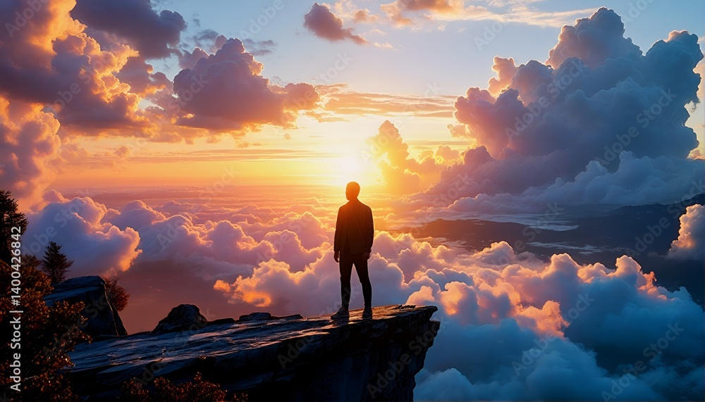 Fototapeta premium a silhouetted figure stands on a rocky precipice overlooking a vibrant sea of clouds bathed in the warm glow of a colorful sunset.