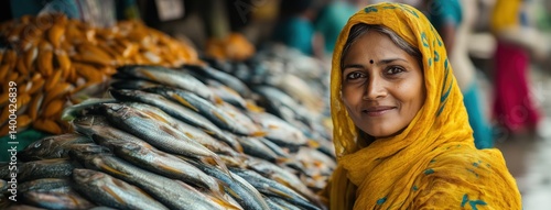 Obraz na płótnie Local Indian woman in yellow sari smiling beside fish display at crowded traditional fish market filled with golden seafood. w salonie