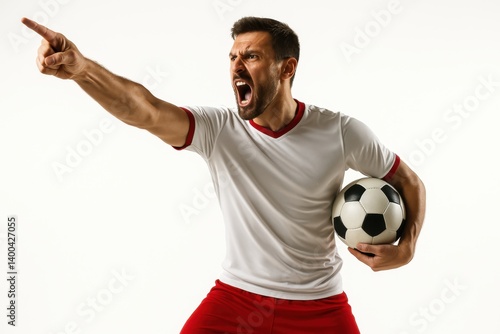 Intense game moment. Emotive man, soccer player in red and white uniform shouting and pointing while holding ball on white background. Concept of sport, emotions, competition, leadership, action