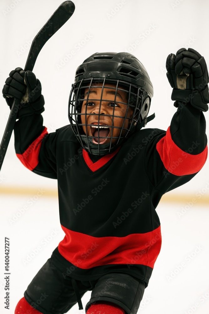 Happy, emotional child, boy, hockey player in black and red uniform celebrating victorious moment, game with stick in air. Concept of sport, emotions, youth, joy, energy, childhood, success