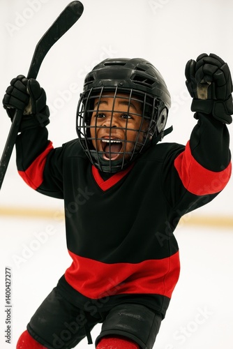 Obraz na płótnie Happy, emotional child, boy, hockey player in black and red uniform celebrating victorious moment, game with stick in air. Concept of sport, emotions, youth, joy, energy, childhood, success w salonie