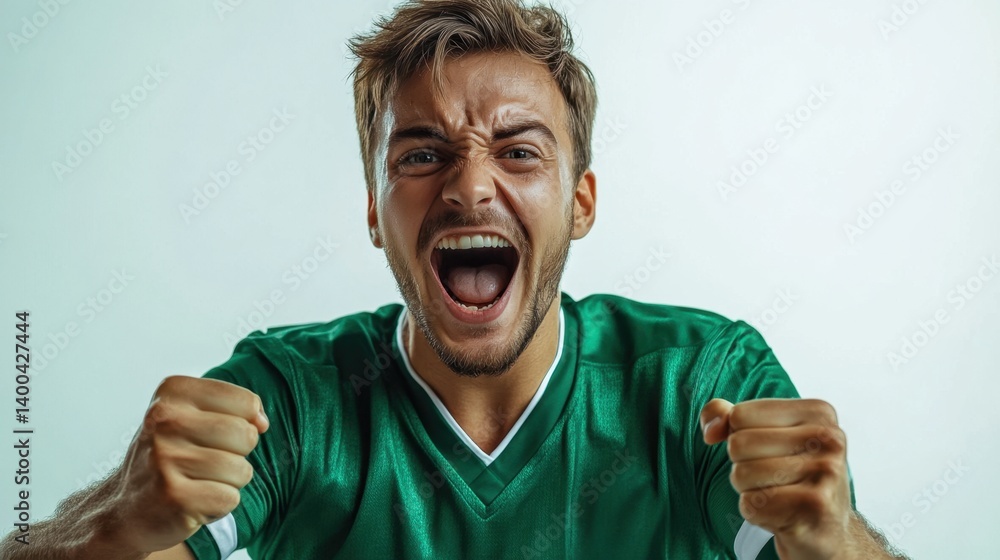 Soccer player in green shirt screaming with intense expression against light studio background. Concept of sport, emotions, adrenaline, victory, energy