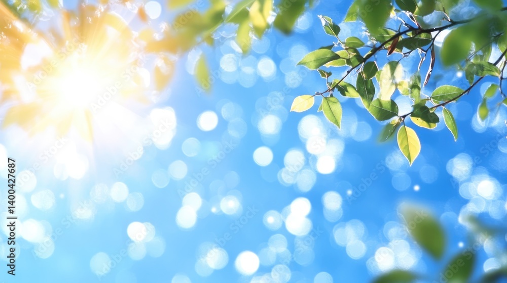 Sunlit green leaves in a bright blue sky nature background calm atmosphere vibrant view Sunlit green leaves in a bright blue sky nature background calm atmosphere vibrant view