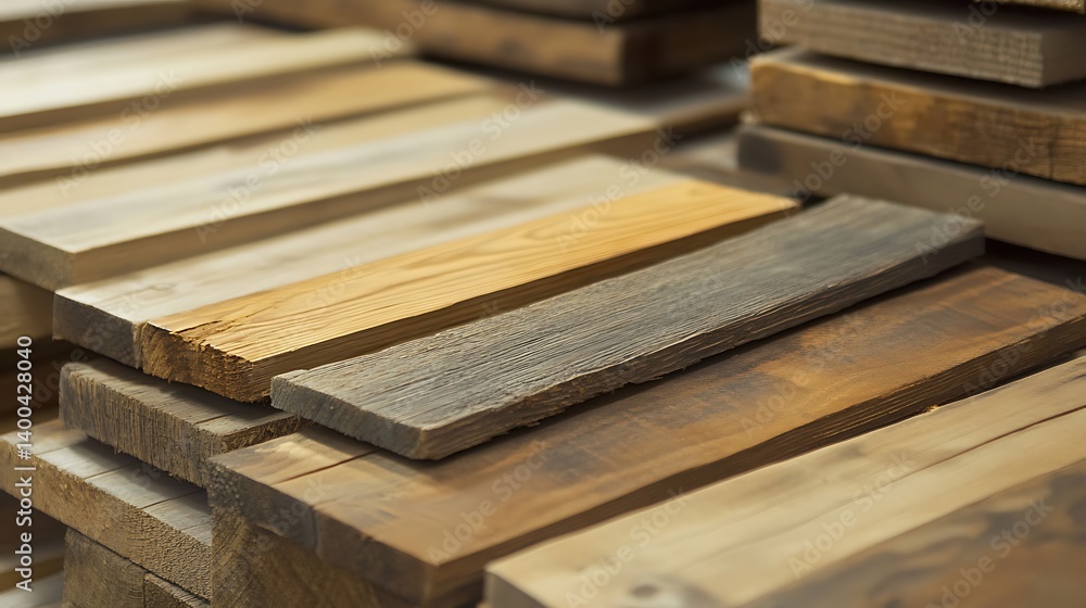 Close-up of assorted wooden planks arranged in a stack showcasing various shades and textures of natural wood, reflecting craftsmanship in lumber processing and design Close-up of assorted wooden planks arranged in a stack showcasing various shades and textures of natural wood, reflecting craftsmanship in lumber processing and design
