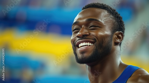 African-American man, athlete in blue uniform smiling with stadium crowd blurred in background. Concept of sport, emotions, focus, happiness, atmosphere