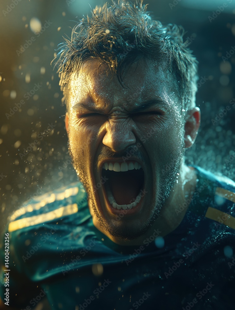 Football player emotionally shouting under heavy rain on stadium against dark background. Concept of sport, emotions, championship, victory moment